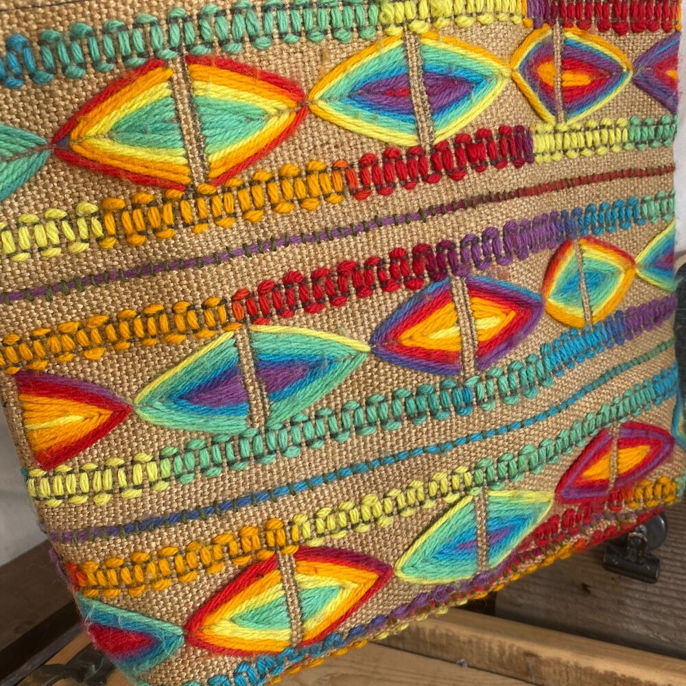Vintage Handcrafted Burlap Tote Bag | Yarn Embroidered Rainbow - Picture 2 of 10